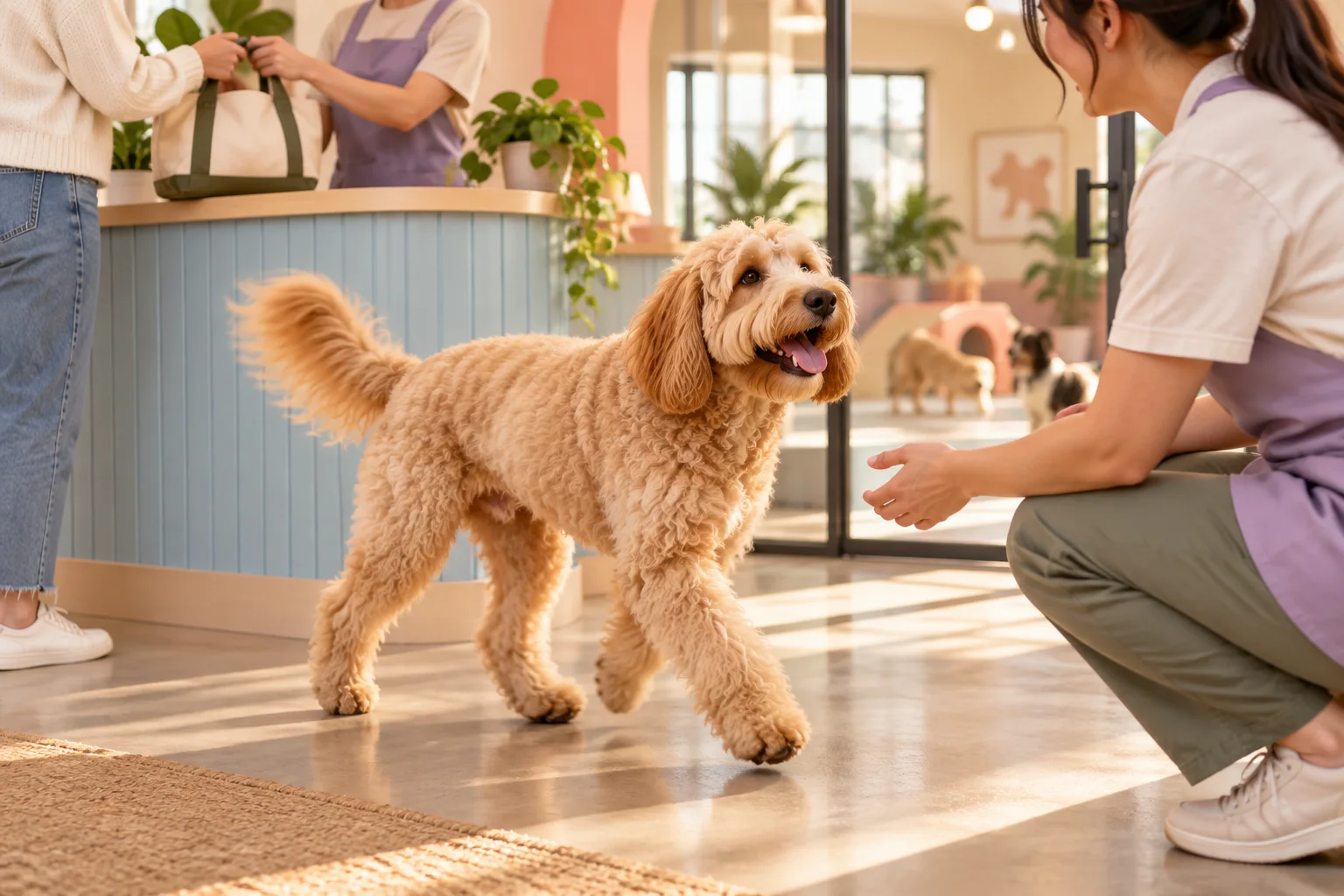 The PawStaff goldendoodle mascot walking into daycare while staff welcome the dog and receive an overnight bag