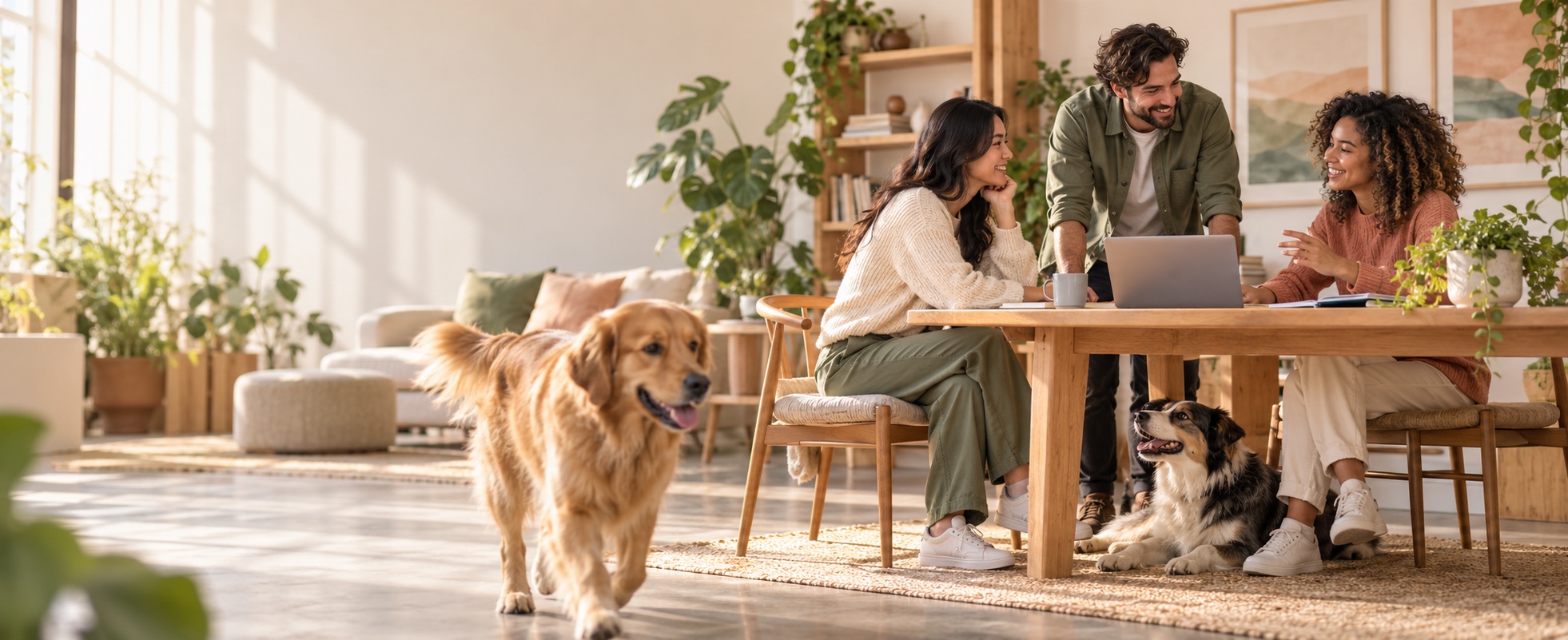 Three people collaborating at a table while two dogs stay nearby