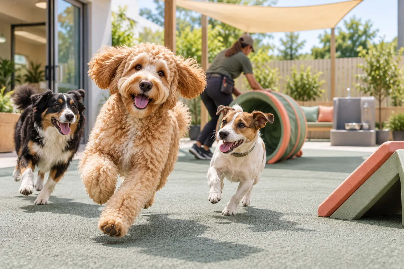 The PawStaff goldendoodle mascot running during supervised daycare play with two other dogs