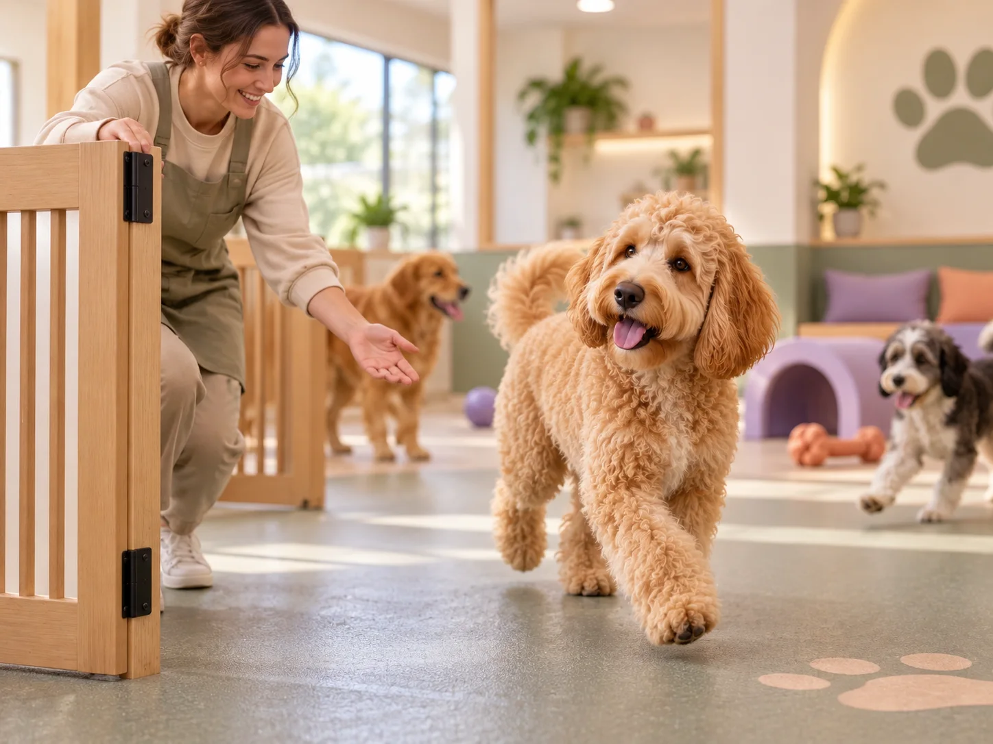 The PawStaff goldendoodle mascot entering a supervised dog daycare playroom