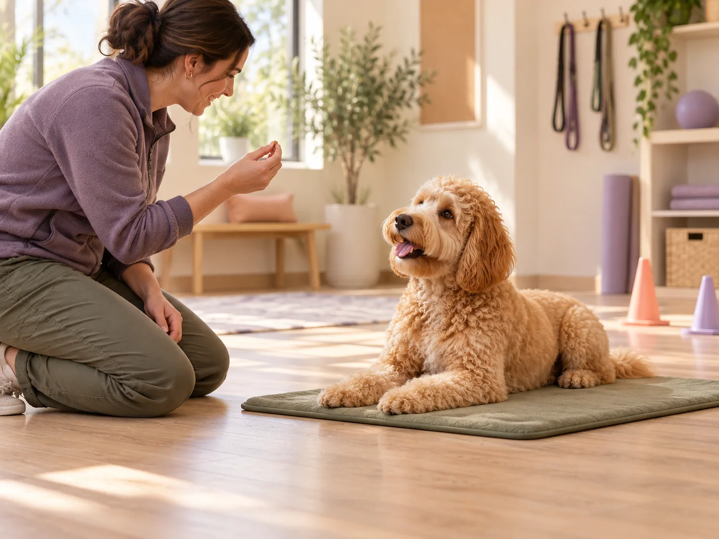 The PawStaff goldendoodle mascot practicing a calm mat exercise with a professional dog trainer