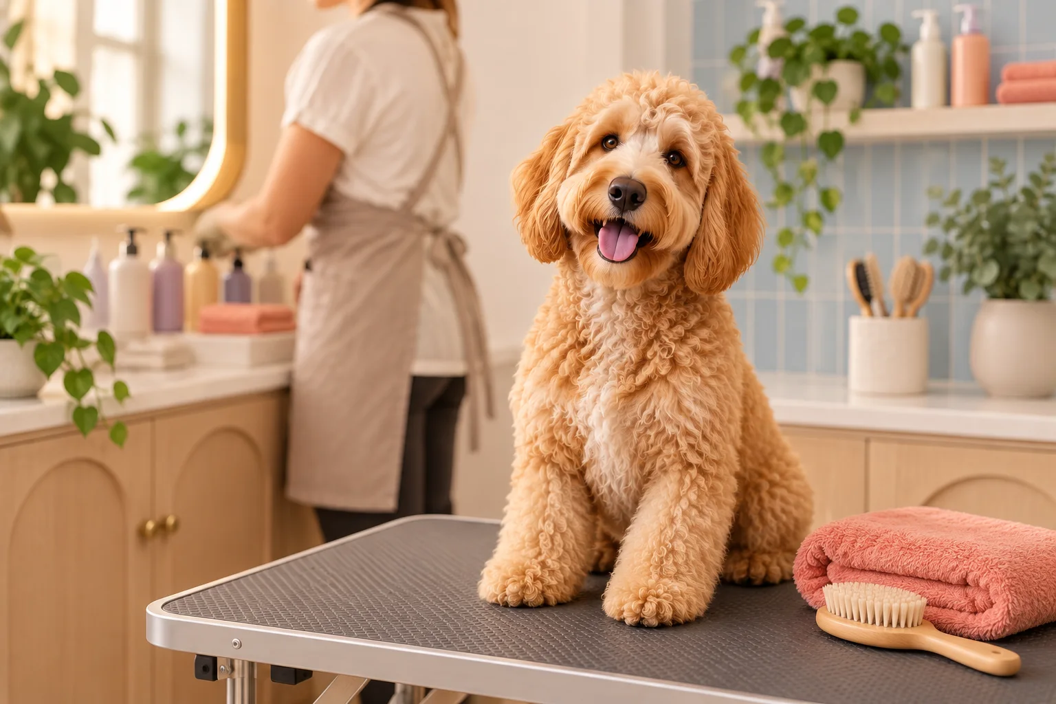 The PawStaff goldendoodle mascot in a warm modern grooming salon