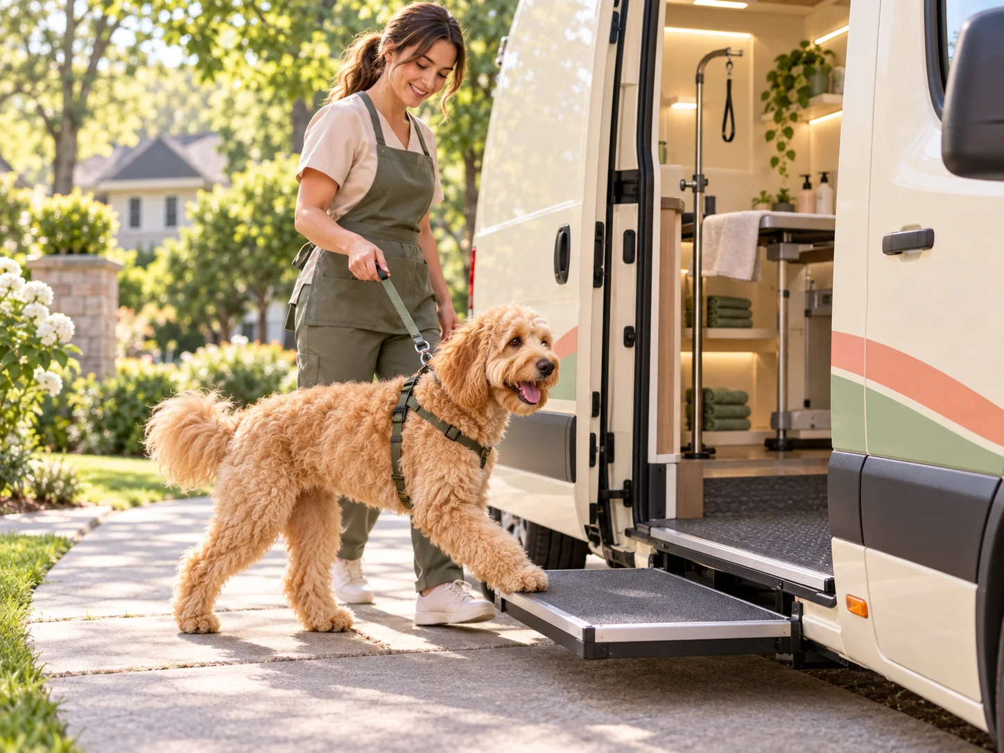 The PawStaff goldendoodle mascot walking with a mobile groomer toward a clean grooming van