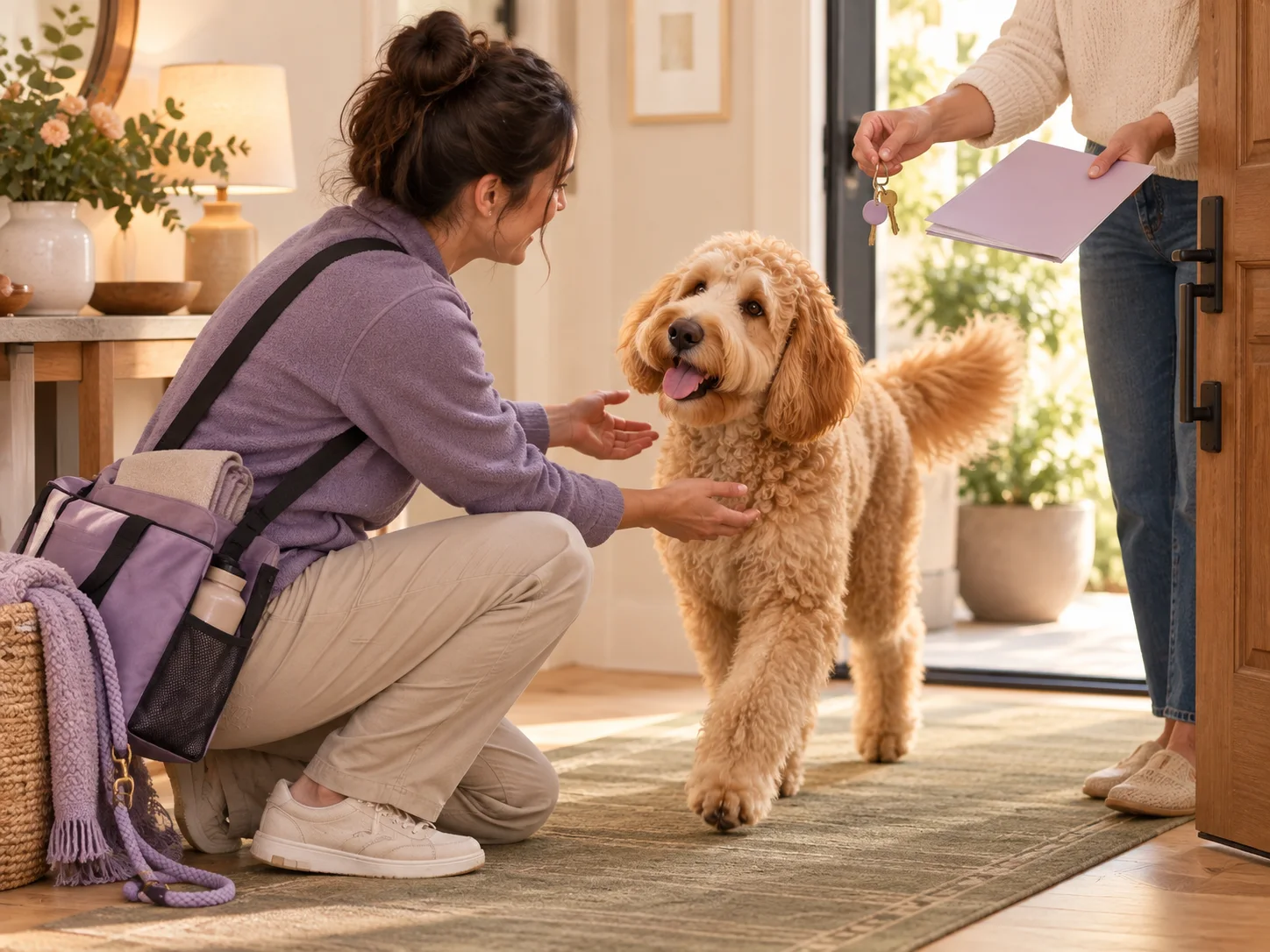The PawStaff goldendoodle mascot greeting a professional pet sitter during an in-home care handoff